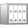 Ansicht Tresor, technische Zeichnung mit DIN A4-Ordner als Beispieleinrichtung