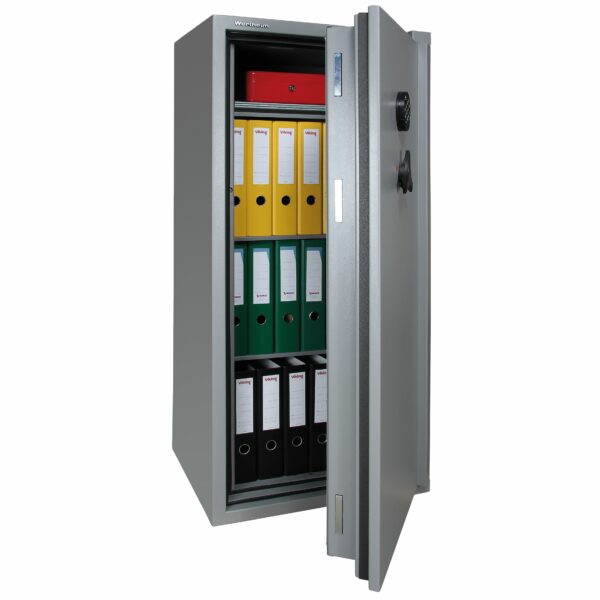 Tresor Ansicht geöffnet, mit Beispieleinrichtung, Elektronisches Tastenschloss, RAL 7037 staubgrau