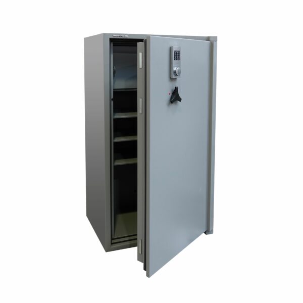 Tresor Ansicht geöffnet, Elektronisches Tastenschloss, RAL 7037 staubgrau